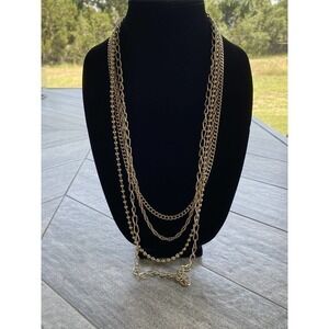Necklace Multi Strand Gold Tone Vintage Fold Over Clasp Chains